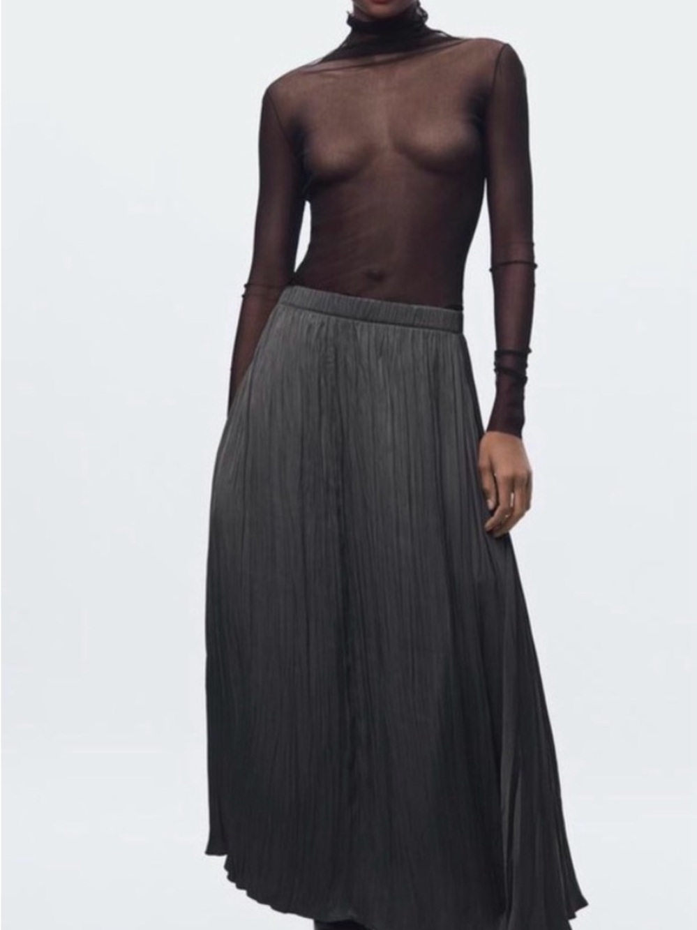 ZARA Flowing Pleated Maxi Skirt in Charcoal Gray